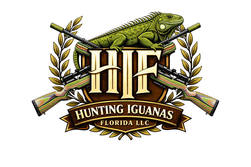 Logo with iguana, rifles, and text 'Hunting Iguanas Florida LLC' with laurel design.