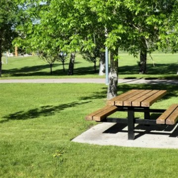 Wooden picnic table in a sunny park with trees and a paved path.