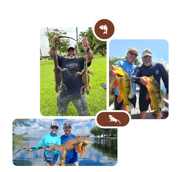 People holding iguanas and large fish outdoors near a lake.