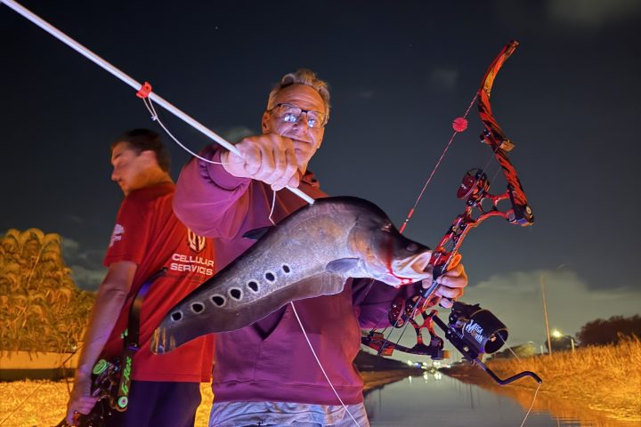 Two people on a boat at night, holding a large fish with a bowfishing setup.